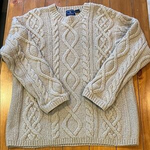 Chelsea Cambell For Charter Club Tan 100% Wool Cable Knit Sweater Size L EUC